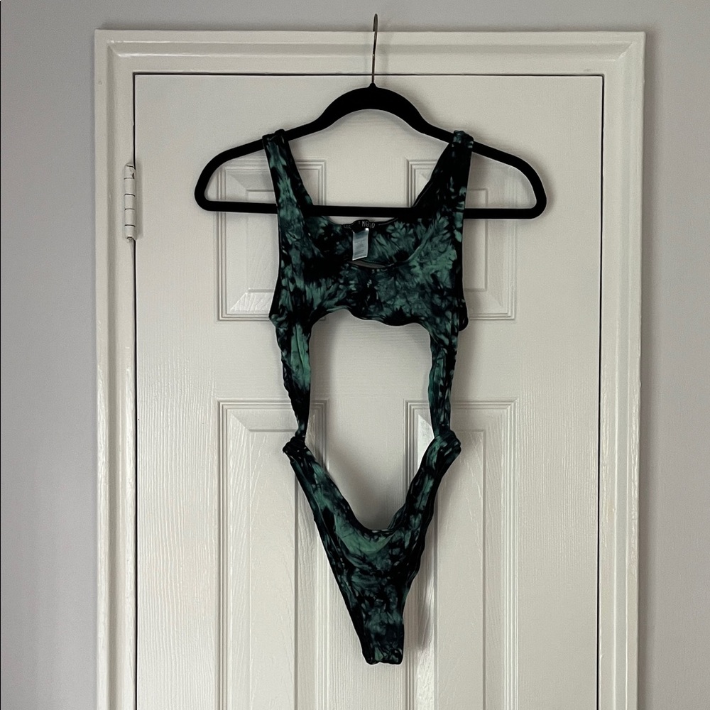 Green and Black Tie Dye Cutout Swimsuit